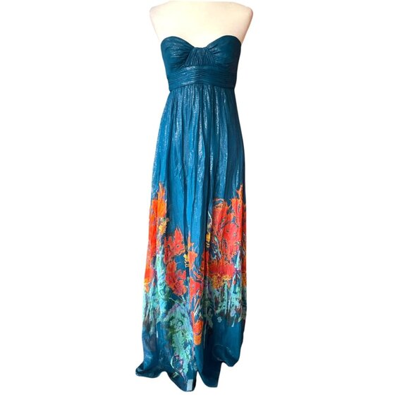 Vintage Aqua Silk Blend Fairycore Strapless Maxi Dress Floral Boho Goddess Sz 6 - Picture 8 of 16